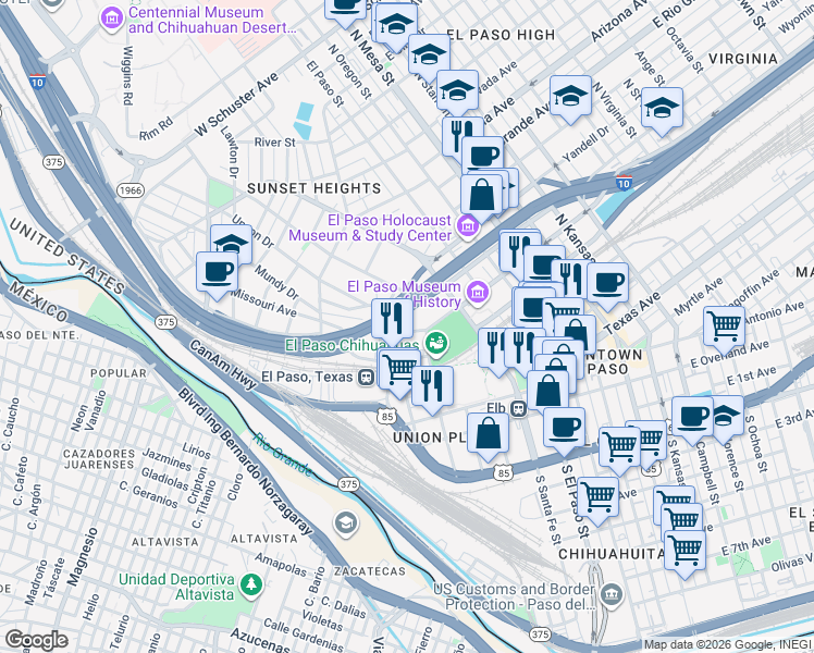 map of restaurants, bars, coffee shops, grocery stores, and more near 519 West Missouri Avenue in El Paso