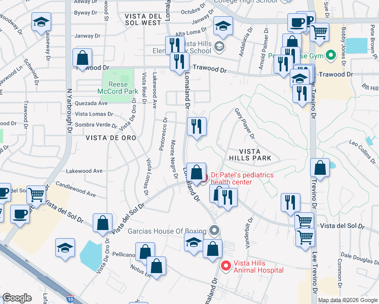 map of restaurants, bars, coffee shops, grocery stores, and more near in El Paso