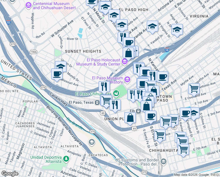 map of restaurants, bars, coffee shops, grocery stores, and more near 507 West Missouri Avenue in El Paso