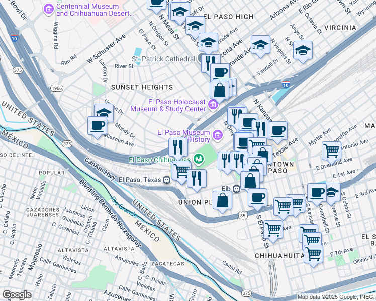 map of restaurants, bars, coffee shops, grocery stores, and more near 507 West Missouri Avenue in El Paso