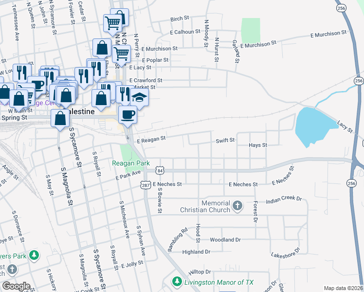 map of restaurants, bars, coffee shops, grocery stores, and more near 219 Ruth Street in Palestine