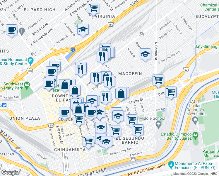 map of restaurants, bars, coffee shops, grocery stores, and more near 910 East San Antonio Avenue in El Paso
