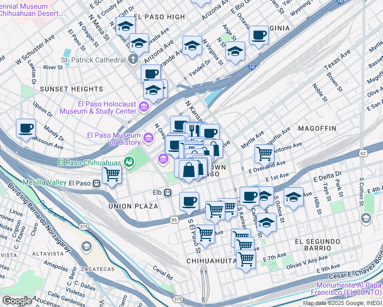 map of restaurants, bars, coffee shops, grocery stores, and more near 111 East Mills Avenue in El Paso
