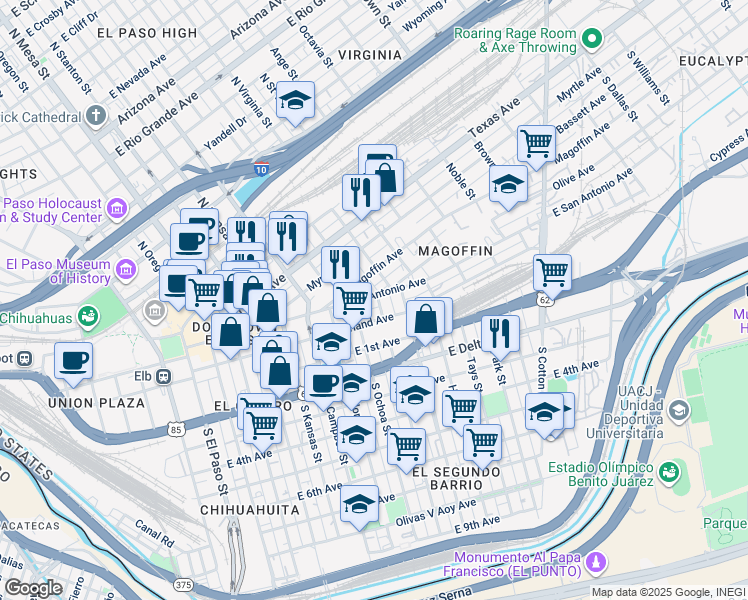 map of restaurants, bars, coffee shops, grocery stores, and more near 910 East San Antonio Avenue in El Paso