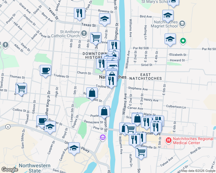 map of restaurants, bars, coffee shops, grocery stores, and more near 118 Touline Street in Natchitoches