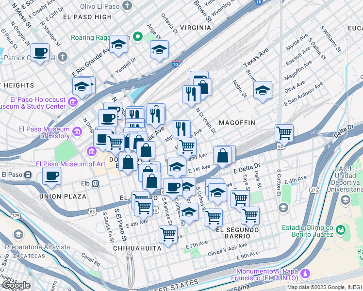map of restaurants, bars, coffee shops, grocery stores, and more near 602 Magoffin Avenue in El Paso