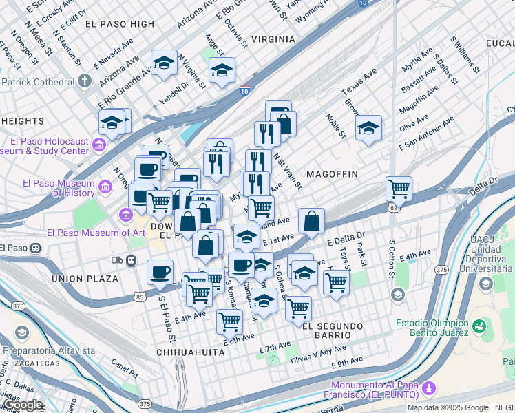 map of restaurants, bars, coffee shops, grocery stores, and more near 717 East San Antonio Avenue in El Paso