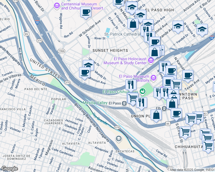 map of restaurants, bars, coffee shops, grocery stores, and more near 708 West Missouri Avenue in El Paso