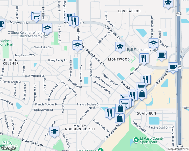map of restaurants, bars, coffee shops, grocery stores, and more near 1780 Charlie Smith Drive in El Paso