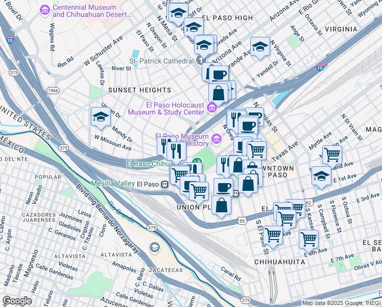 map of restaurants, bars, coffee shops, grocery stores, and more near 507 West Missouri Avenue in El Paso