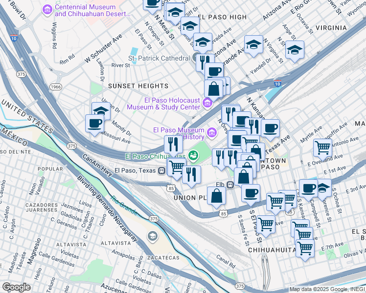 map of restaurants, bars, coffee shops, grocery stores, and more near 507 West Missouri Avenue in El Paso