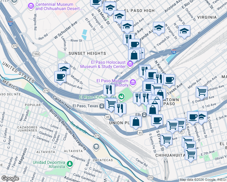 map of restaurants, bars, coffee shops, grocery stores, and more near 507 West Missouri Avenue in El Paso