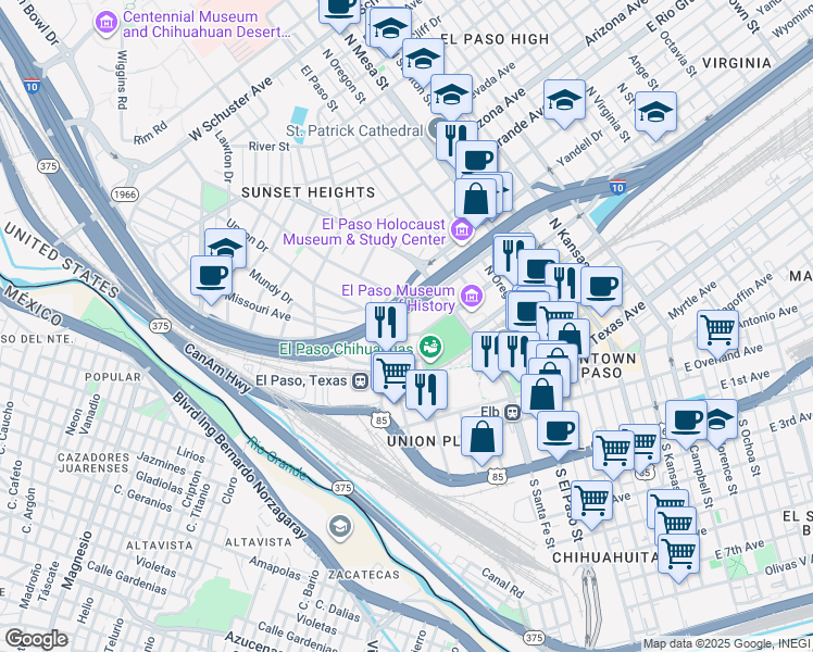 map of restaurants, bars, coffee shops, grocery stores, and more near 507 West Missouri Avenue in El Paso
