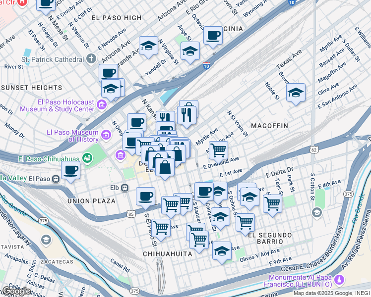 map of restaurants, bars, coffee shops, grocery stores, and more near 401 Myrtle Avenue in El Paso
