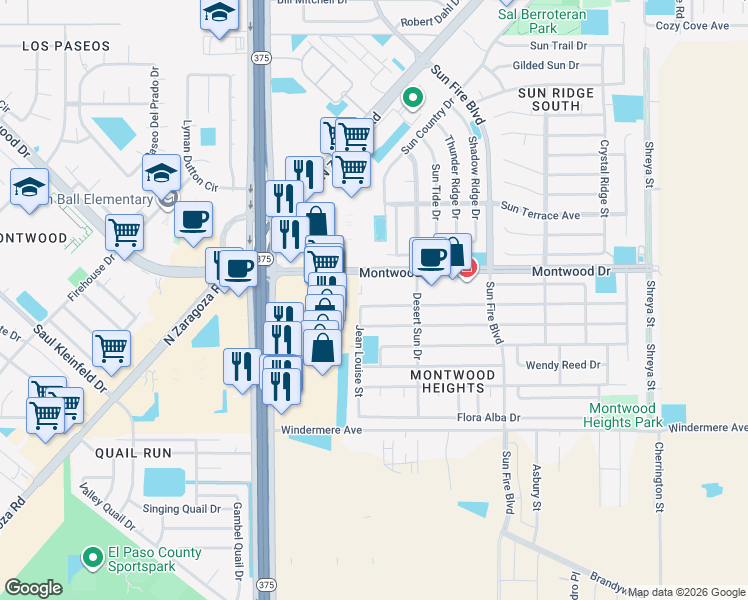 map of restaurants, bars, coffee shops, grocery stores, and more near 12309 Carlos Bombach Avenue in El Paso
