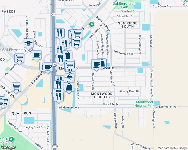 map of restaurants, bars, coffee shops, grocery stores, and more near 12401 Carlos Bombach Avenue in El Paso