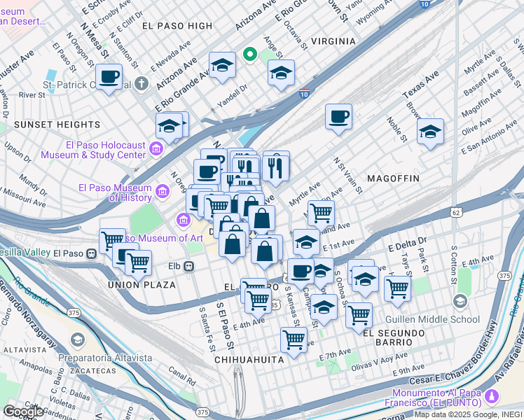 map of restaurants, bars, coffee shops, grocery stores, and more near 401 Myrtle Avenue in El Paso