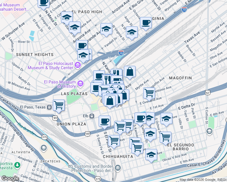 map of restaurants, bars, coffee shops, grocery stores, and more near 215 North Stanton Street in El Paso