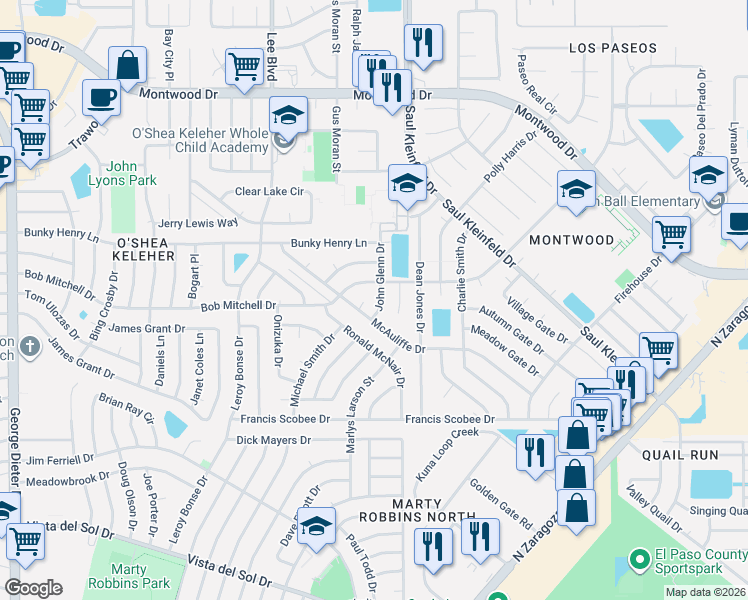 map of restaurants, bars, coffee shops, grocery stores, and more near in El Paso