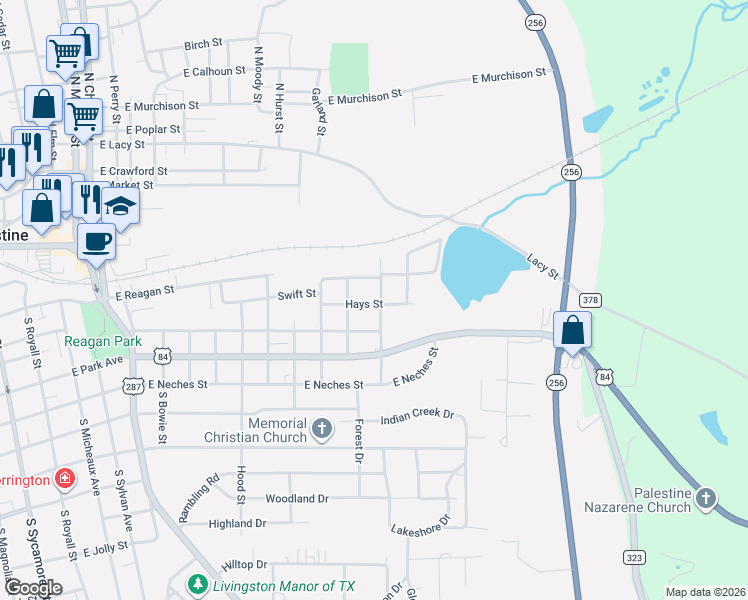 map of restaurants, bars, coffee shops, grocery stores, and more near 1312 Hays Street in Palestine