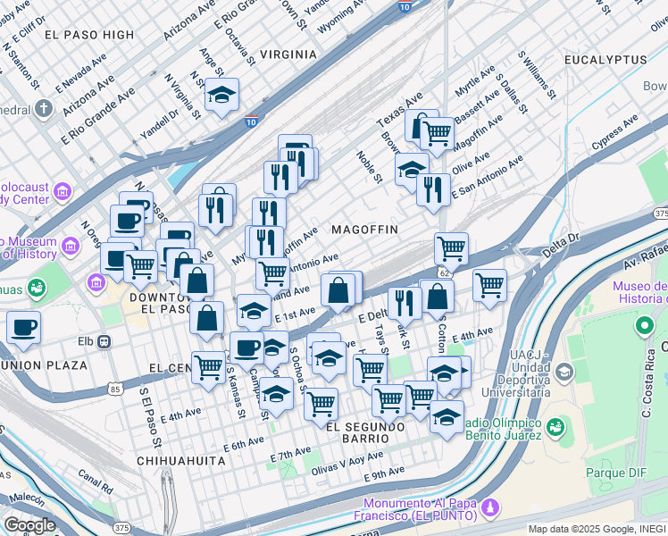 map of restaurants, bars, coffee shops, grocery stores, and more near in El Paso