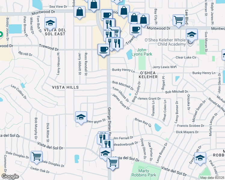 map of restaurants, bars, coffee shops, grocery stores, and more near 11404 Tom Ulozas Drive in El Paso