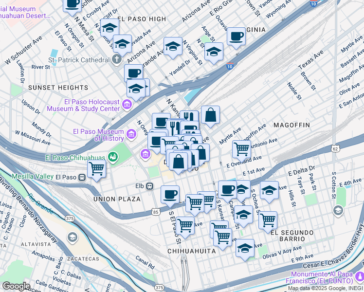 map of restaurants, bars, coffee shops, grocery stores, and more near 203 North Stanton Street in El Paso