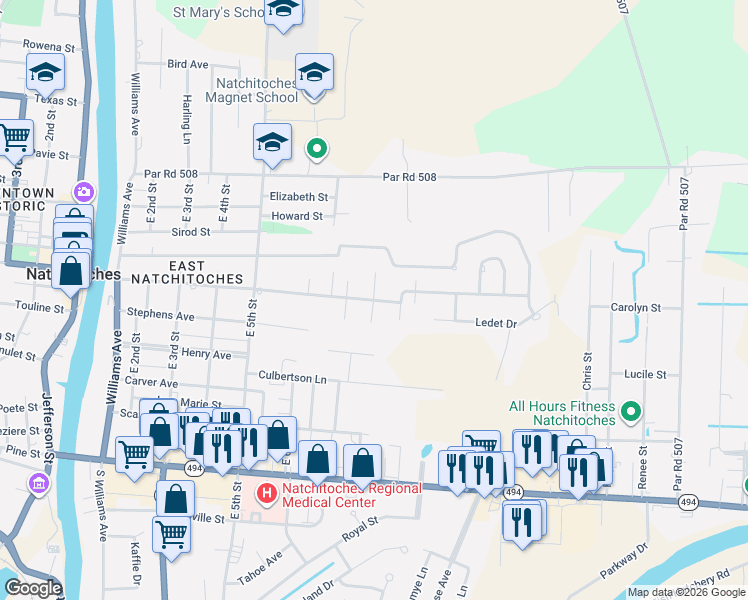 map of restaurants, bars, coffee shops, grocery stores, and more near 100 Cassie Circle in Natchitoches