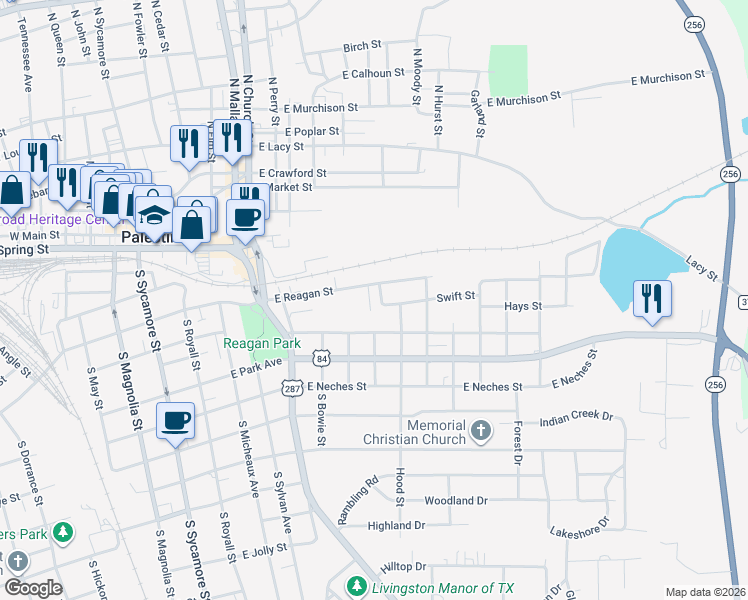 map of restaurants, bars, coffee shops, grocery stores, and more near 219 Ruth Street in Palestine