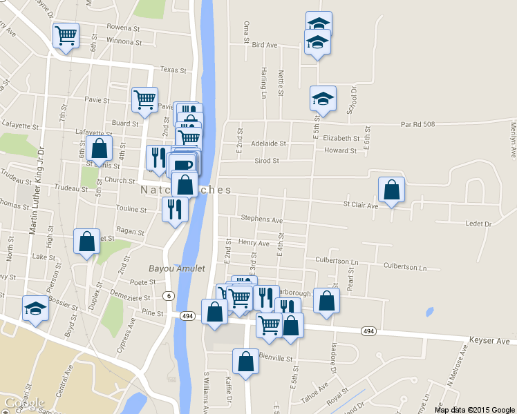 map of restaurants, bars, coffee shops, grocery stores, and more near East 3rd Street in Natchitoches