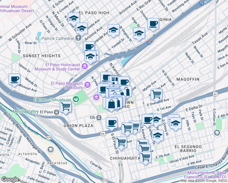 map of restaurants, bars, coffee shops, grocery stores, and more near 310 North Mesa Street in El Paso