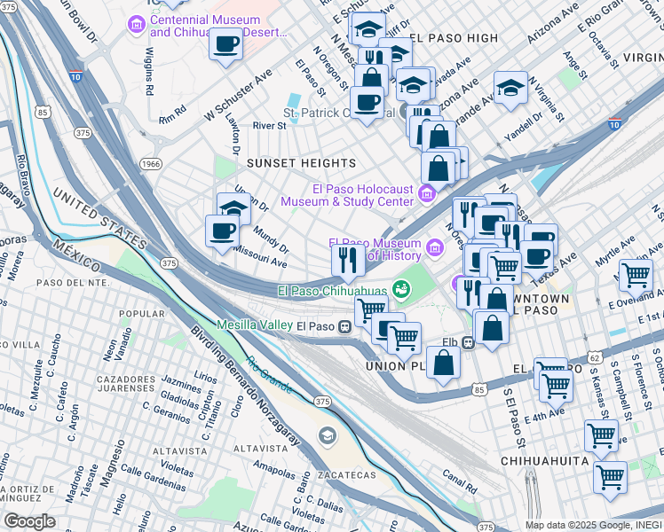 map of restaurants, bars, coffee shops, grocery stores, and more near 208 Los Angeles Drive in El Paso