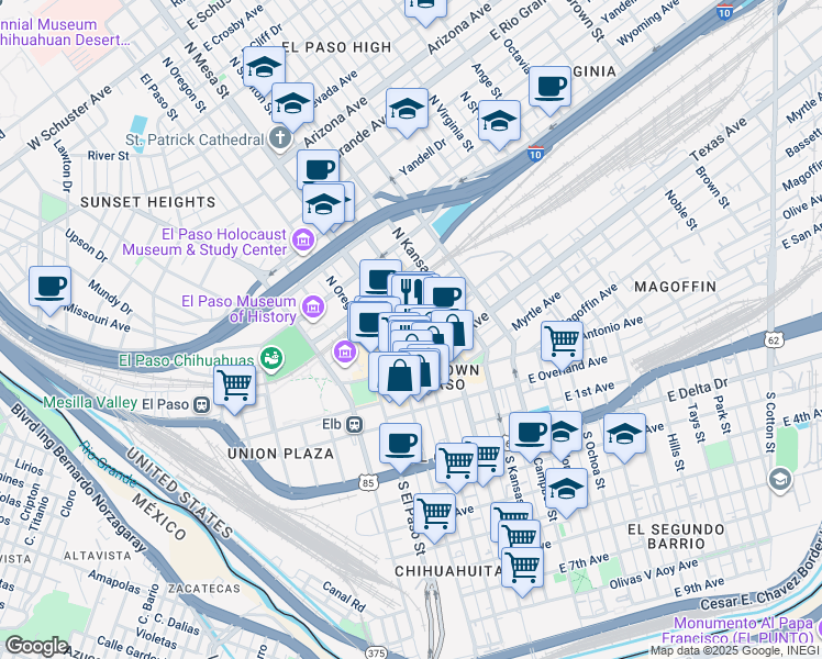 map of restaurants, bars, coffee shops, grocery stores, and more near in El Paso