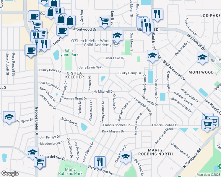 map of restaurants, bars, coffee shops, grocery stores, and more near 11612 Bob Mitchell Drive in El Paso