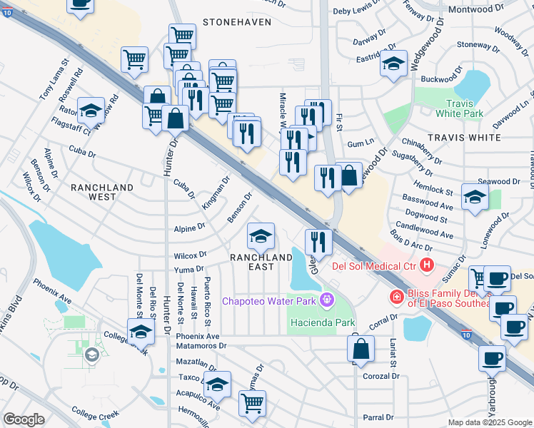 map of restaurants, bars, coffee shops, grocery stores, and more near 1222 Prescott Drive in El Paso