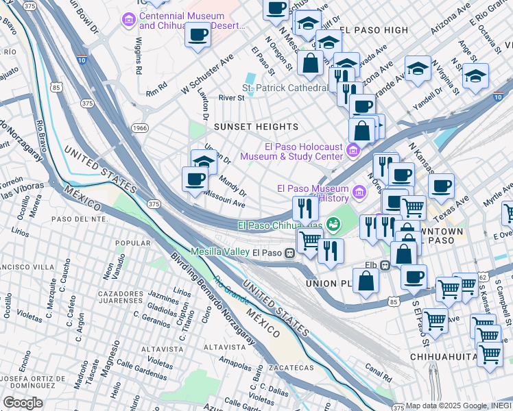 map of restaurants, bars, coffee shops, grocery stores, and more near 708 West Missouri Avenue in El Paso