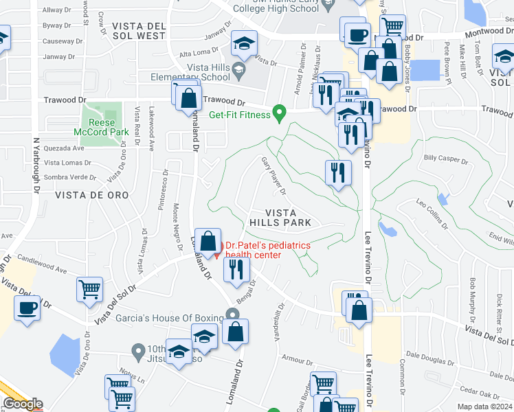 map of restaurants, bars, coffee shops, grocery stores, and more near 10900 Dave Marr Court in El Paso