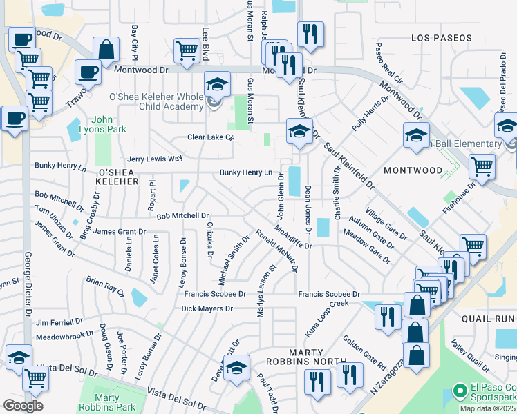 map of restaurants, bars, coffee shops, grocery stores, and more near in El Paso