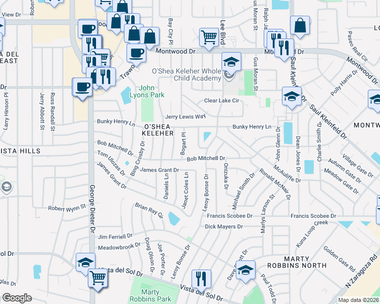 map of restaurants, bars, coffee shops, grocery stores, and more near 11578 Bob Mitchell Drive in El Paso