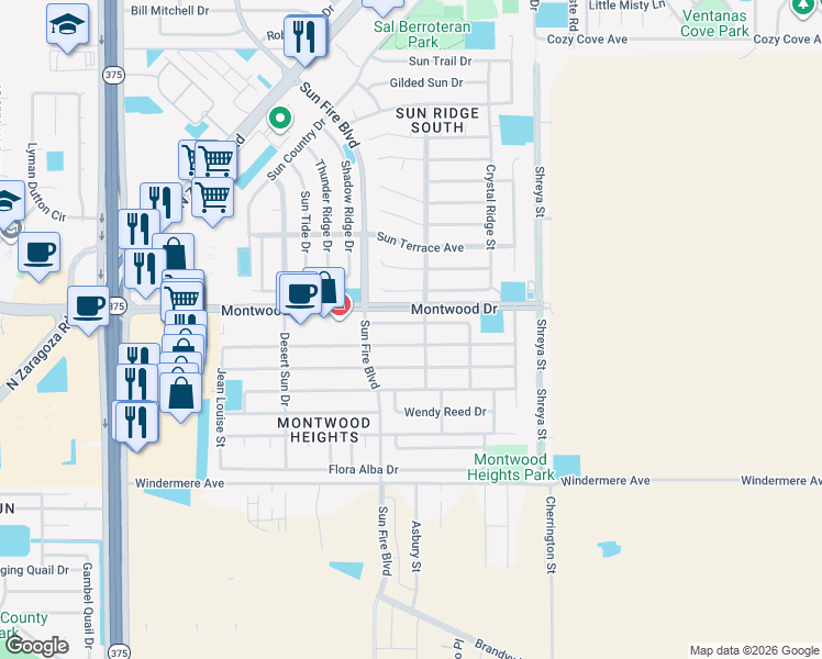 map of restaurants, bars, coffee shops, grocery stores, and more near 12504 Martin Bauman Drive in El Paso
