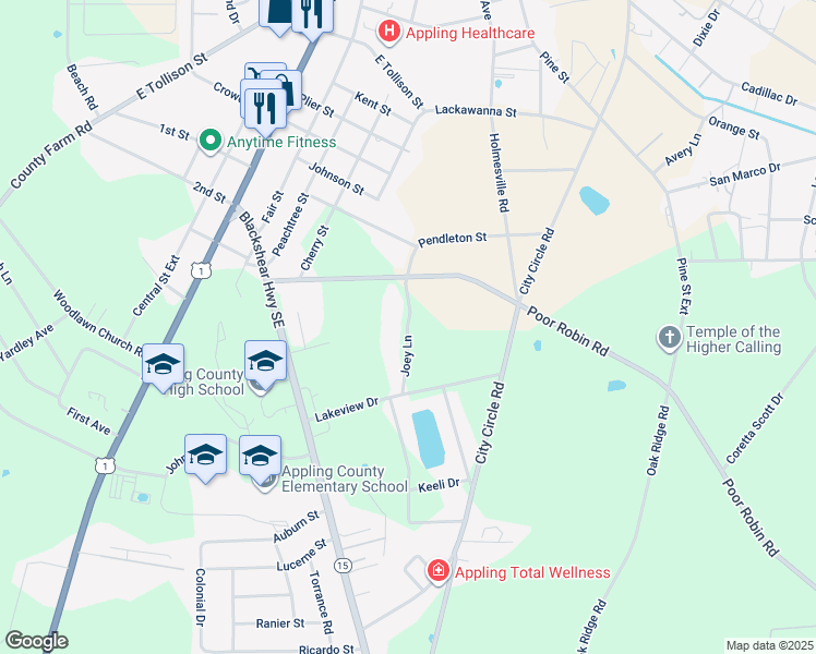 map of restaurants, bars, coffee shops, grocery stores, and more near Joey Lane in Baxley