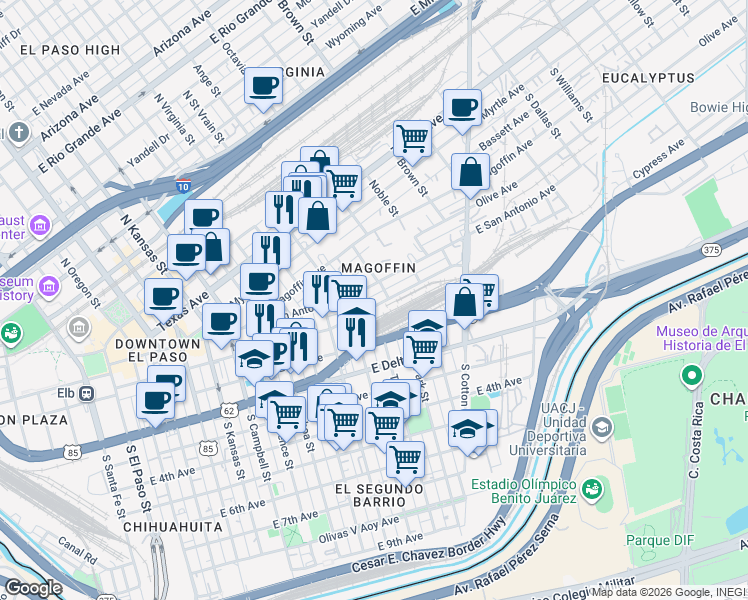 map of restaurants, bars, coffee shops, grocery stores, and more near 1106 East Overland Avenue in El Paso