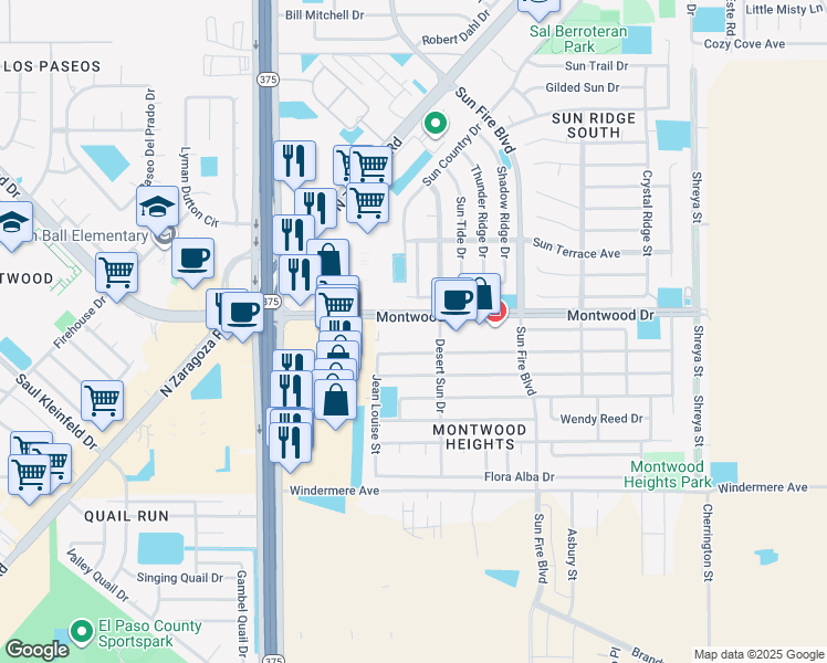 map of restaurants, bars, coffee shops, grocery stores, and more near 12345 Carlos Bombach Avenue in El Paso