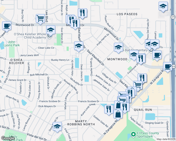 map of restaurants, bars, coffee shops, grocery stores, and more near 1776 Dean Jones Drive in El Paso