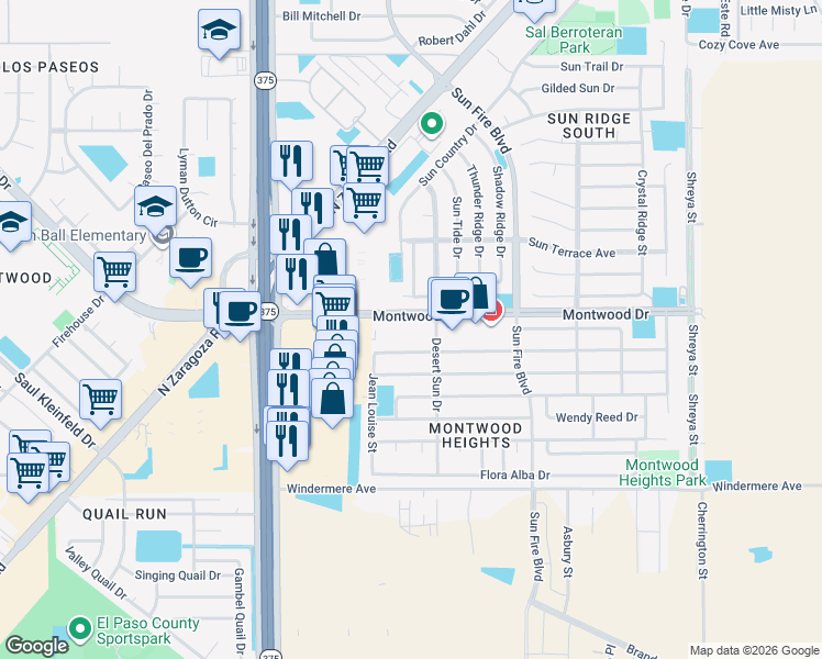 map of restaurants, bars, coffee shops, grocery stores, and more near 12345 Carlos Bombach Avenue in El Paso