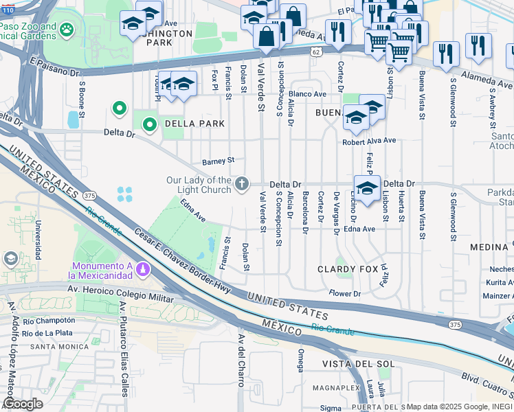 map of restaurants, bars, coffee shops, grocery stores, and more near 580 Val Verde Street in El Paso