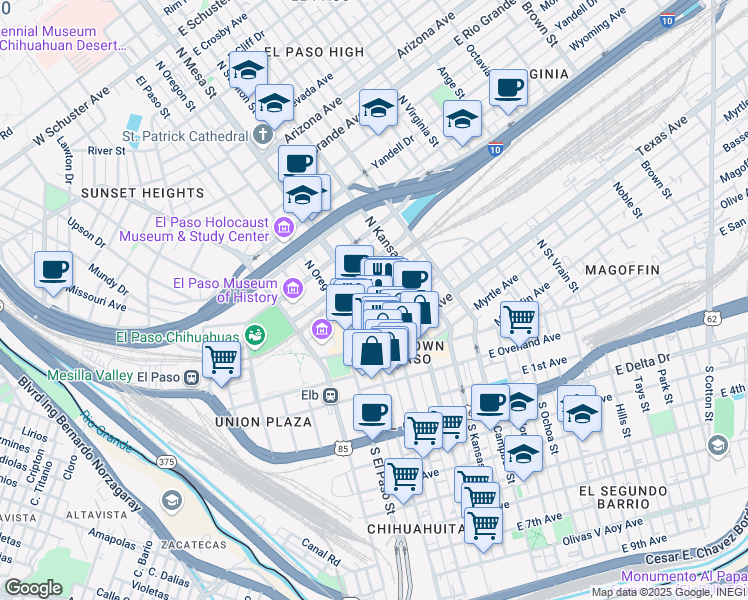 map of restaurants, bars, coffee shops, grocery stores, and more near 201 North Mesa Street in El Paso
