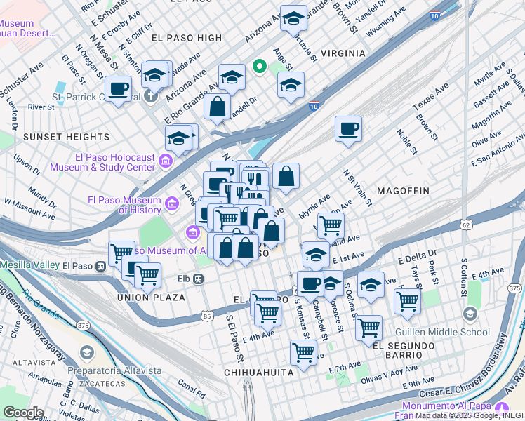 map of restaurants, bars, coffee shops, grocery stores, and more near 317 North Kansas Street in El Paso