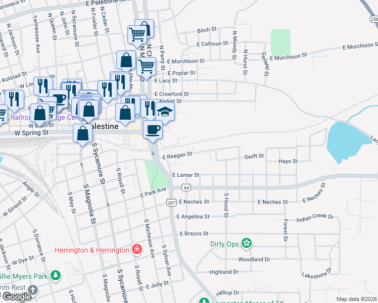 map of restaurants, bars, coffee shops, grocery stores, and more near 545 East Reagan Street in Palestine