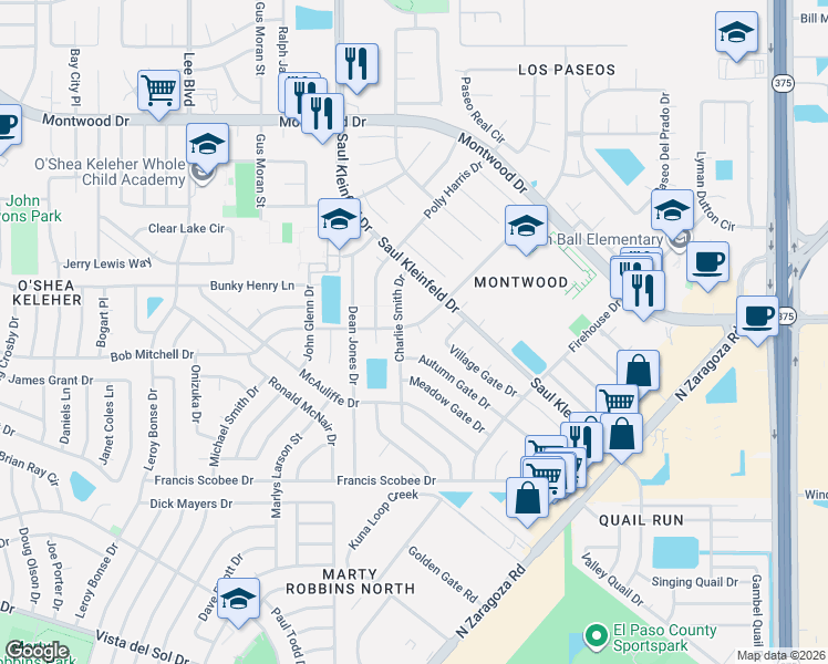 map of restaurants, bars, coffee shops, grocery stores, and more near 1808 Charlie Smith Drive in El Paso
